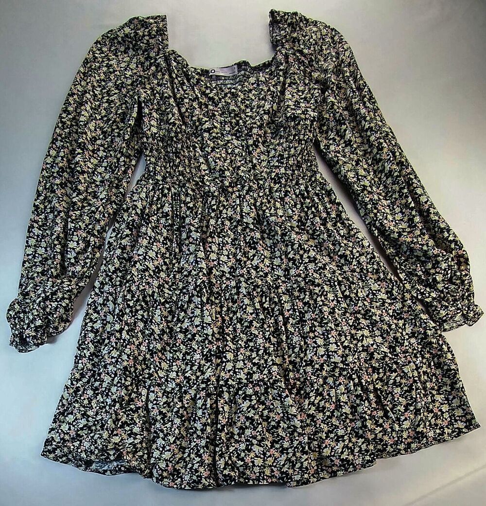 So Goods For Life Smock Dress Black Floral Ruffled Sleeve Women's Small  NWT